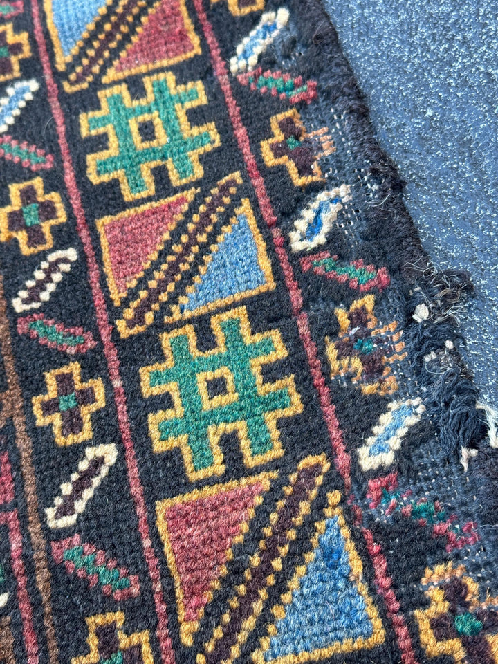 3x4-5 Handmade Vintage Afghan Baluch Rug Black Pine Forest Green Brick Burgundy Crimson Red Cream Caramel Coffee Brown Denim Blue Yellow