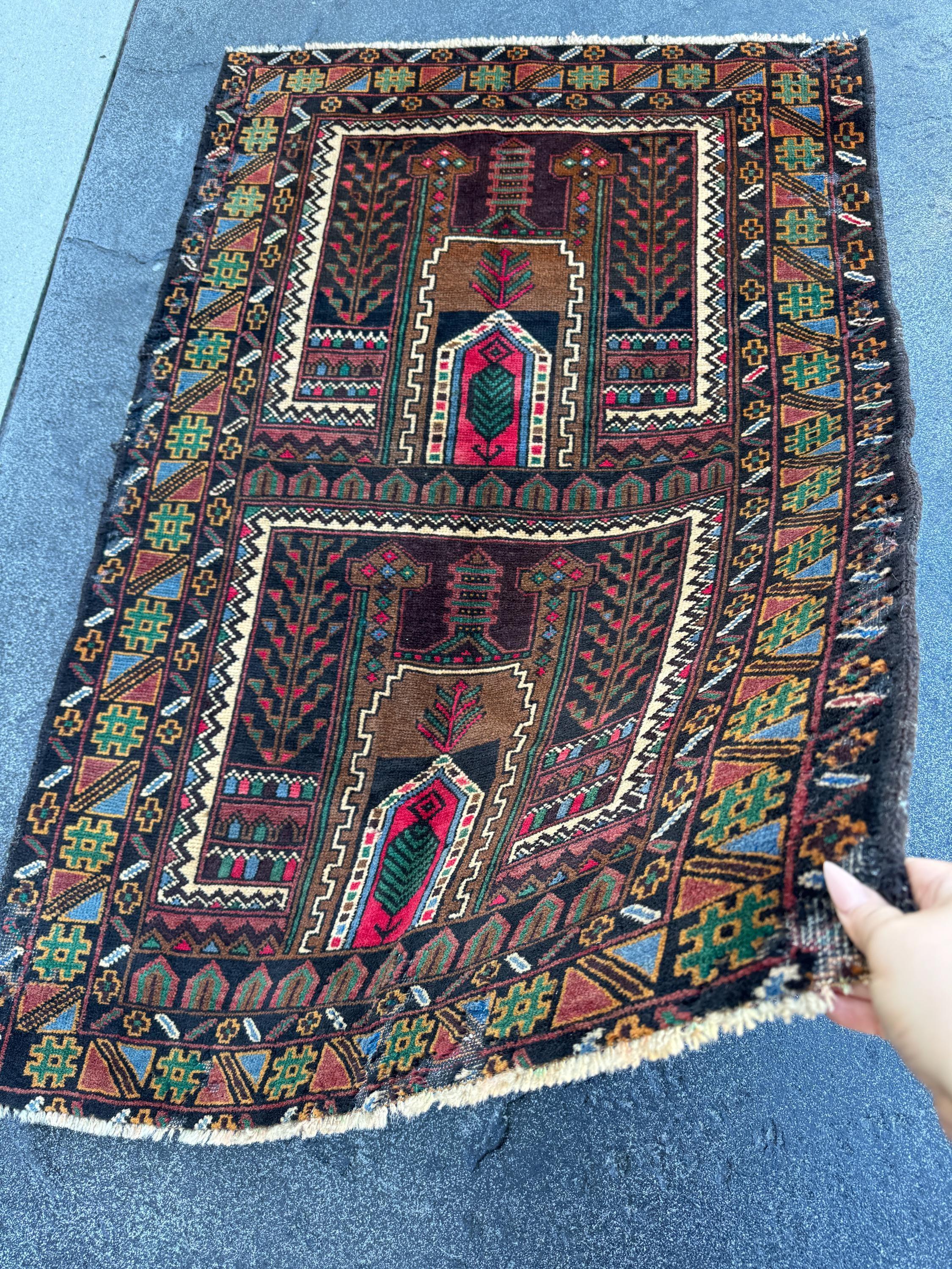 3x4-5 Handmade Vintage Afghan Baluch Rug Black Pine Forest Green Brick Burgundy Crimson Red Cream Caramel Coffee Brown Denim Blue Yellow