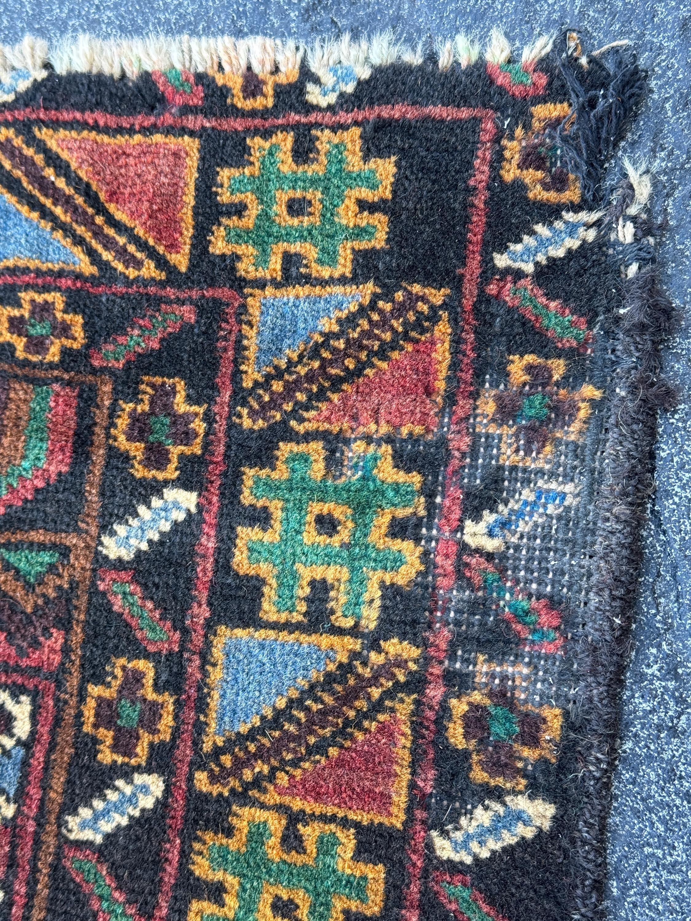 3x4-5 Handmade Vintage Afghan Baluch Rug Black Pine Forest Green Brick Burgundy Crimson Red Cream Caramel Coffee Brown Denim Blue Yellow