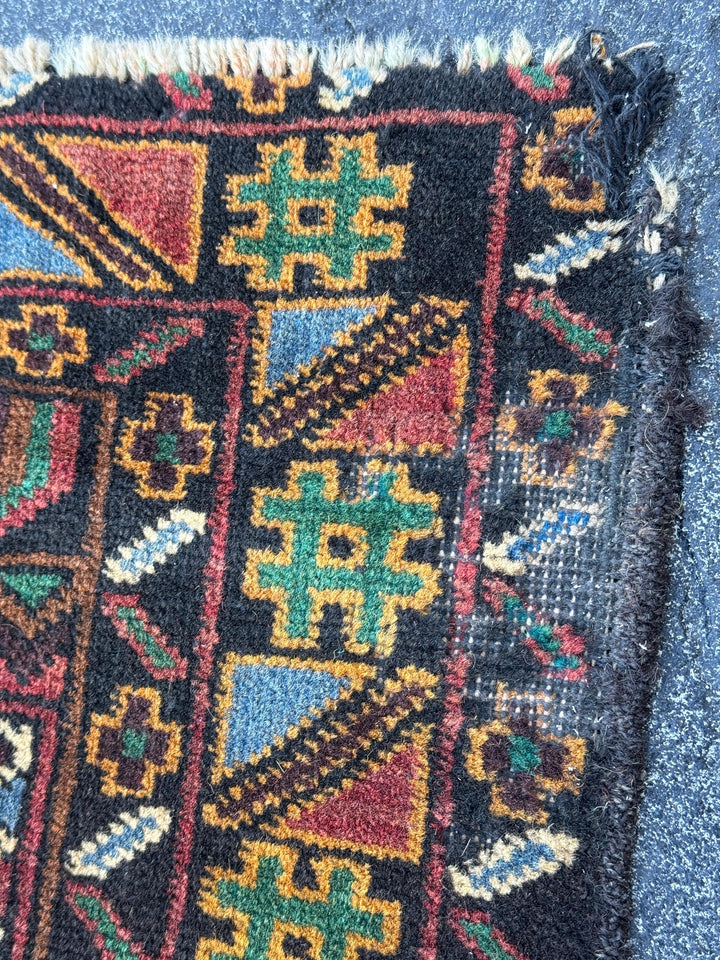 3x4-5 Handmade Vintage Afghan Baluch Rug Black Pine Forest Green Brick Burgundy Crimson Red Cream Caramel Coffee Brown Denim Blue Yellow