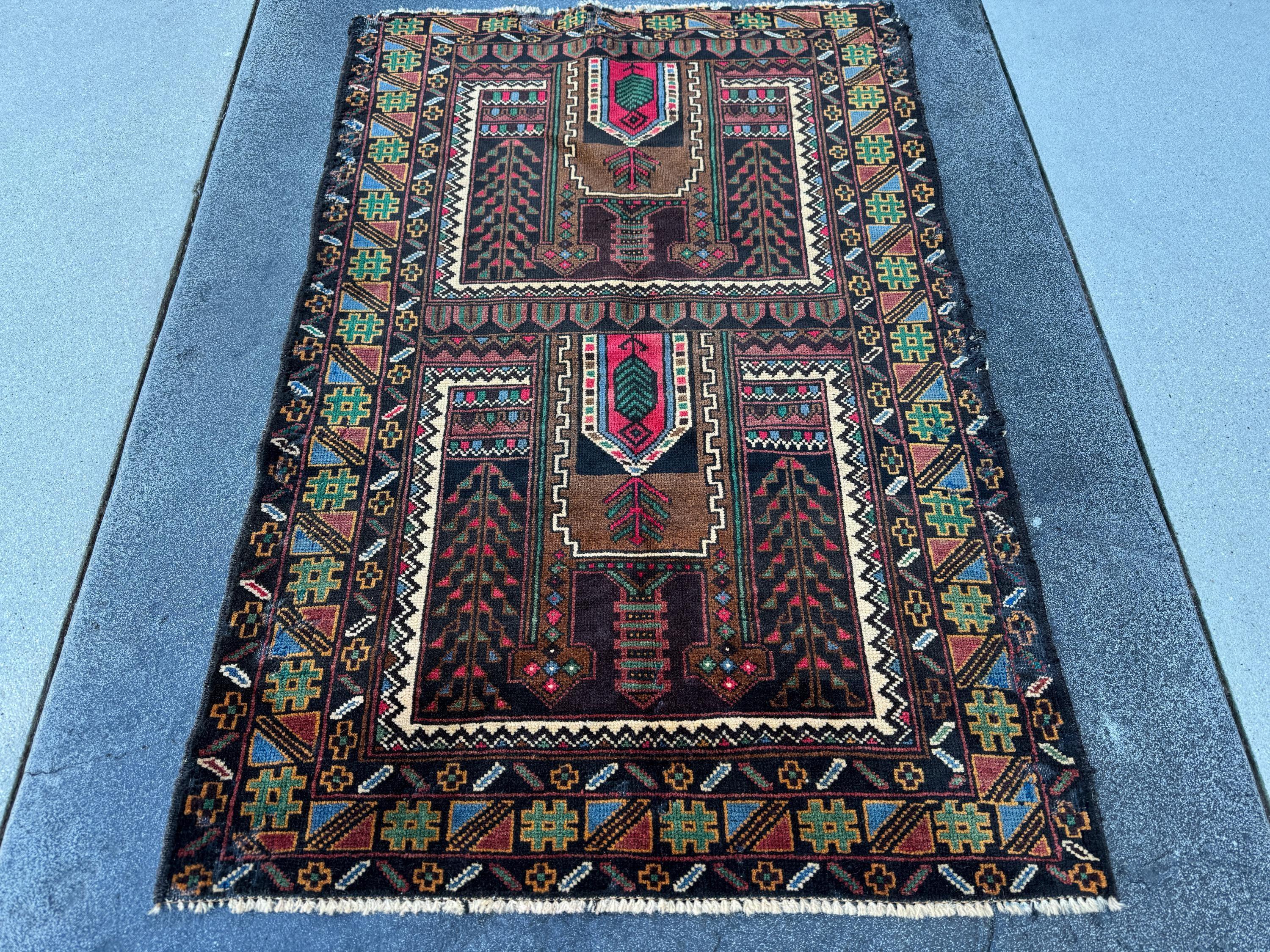3x4-5 Handmade Vintage Afghan Baluch Rug Black Pine Forest Green Brick Burgundy Crimson Red Cream Caramel Coffee Brown Denim Blue Yellow