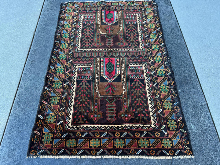 3x4-5 Handmade Vintage Afghan Baluch Rug Black Pine Forest Green Brick Burgundy Crimson Red Cream Caramel Coffee Brown Denim Blue Yellow
