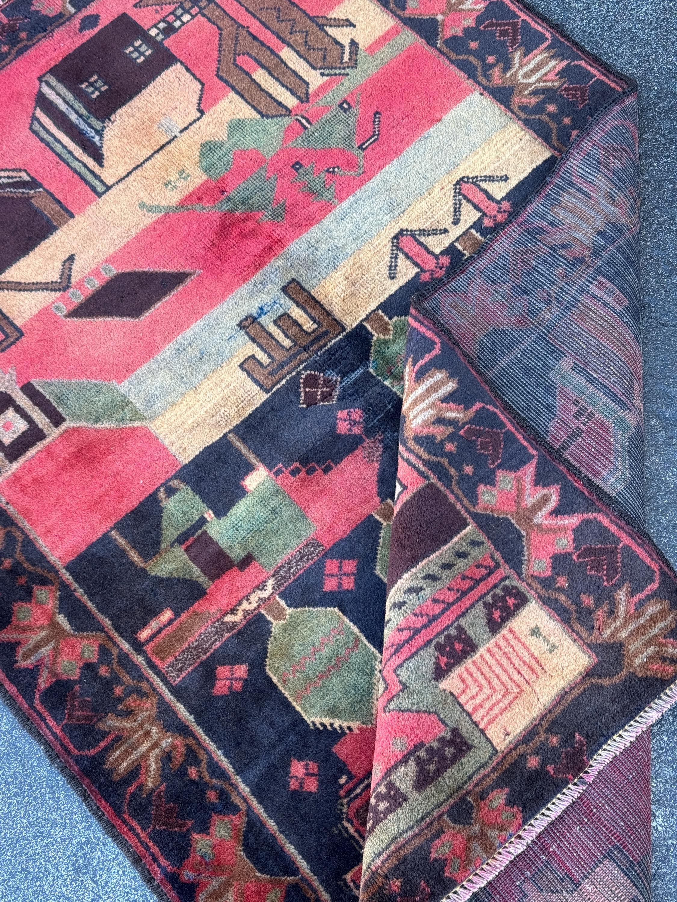 3x5 (91x152) Handmade Vintage Afghan Baluch Rug | Brick Red Midnight Blue Sage Green Black Maroon Peach Saffron Beige Tan Caramel Brown Grey