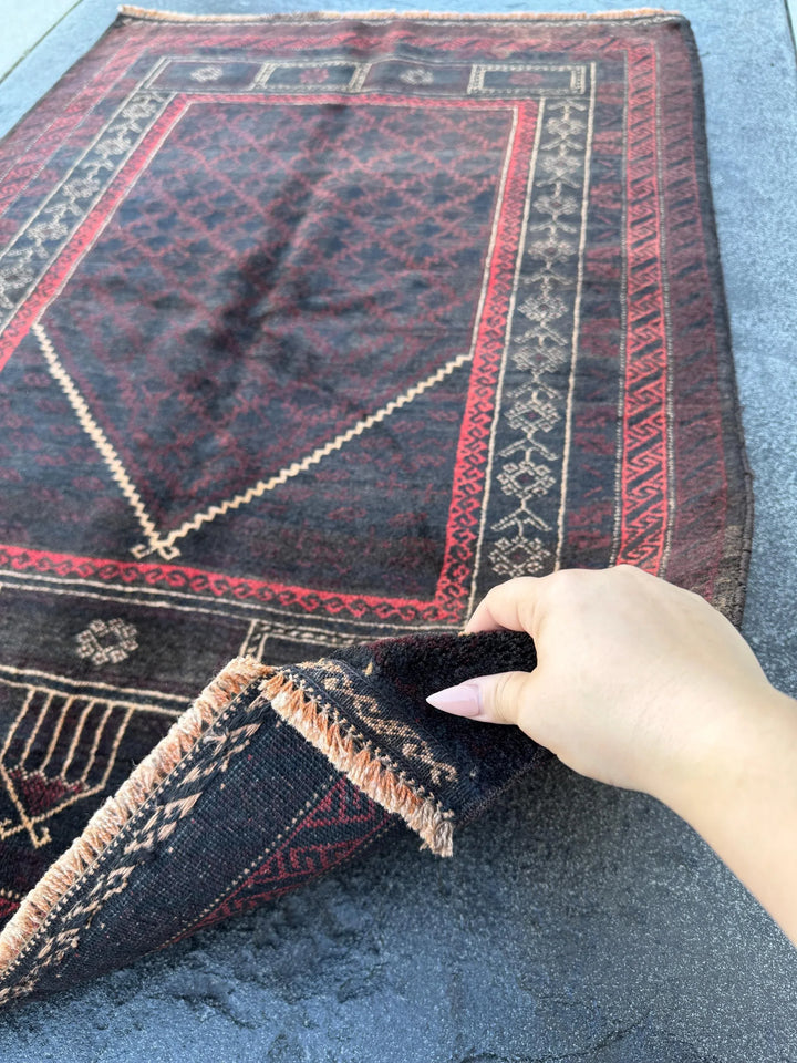 3x4 (91x121) Handmade Vintage Afghan Baluch Rug | Black Brick Red Cream Tan Beige Maroon Burgundy | Wool Geometric Persian Traditional
