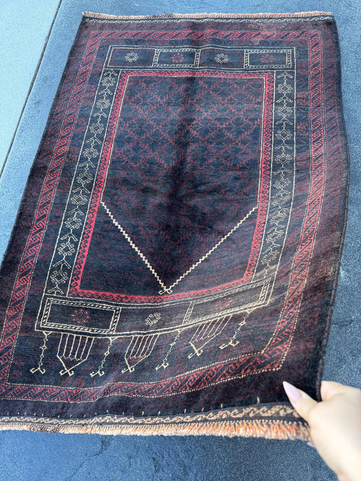 3x4 (91x121) Handmade Vintage Afghan Baluch Rug | Black Brick Red Cream Tan Beige Maroon Burgundy | Wool Geometric Persian Traditional