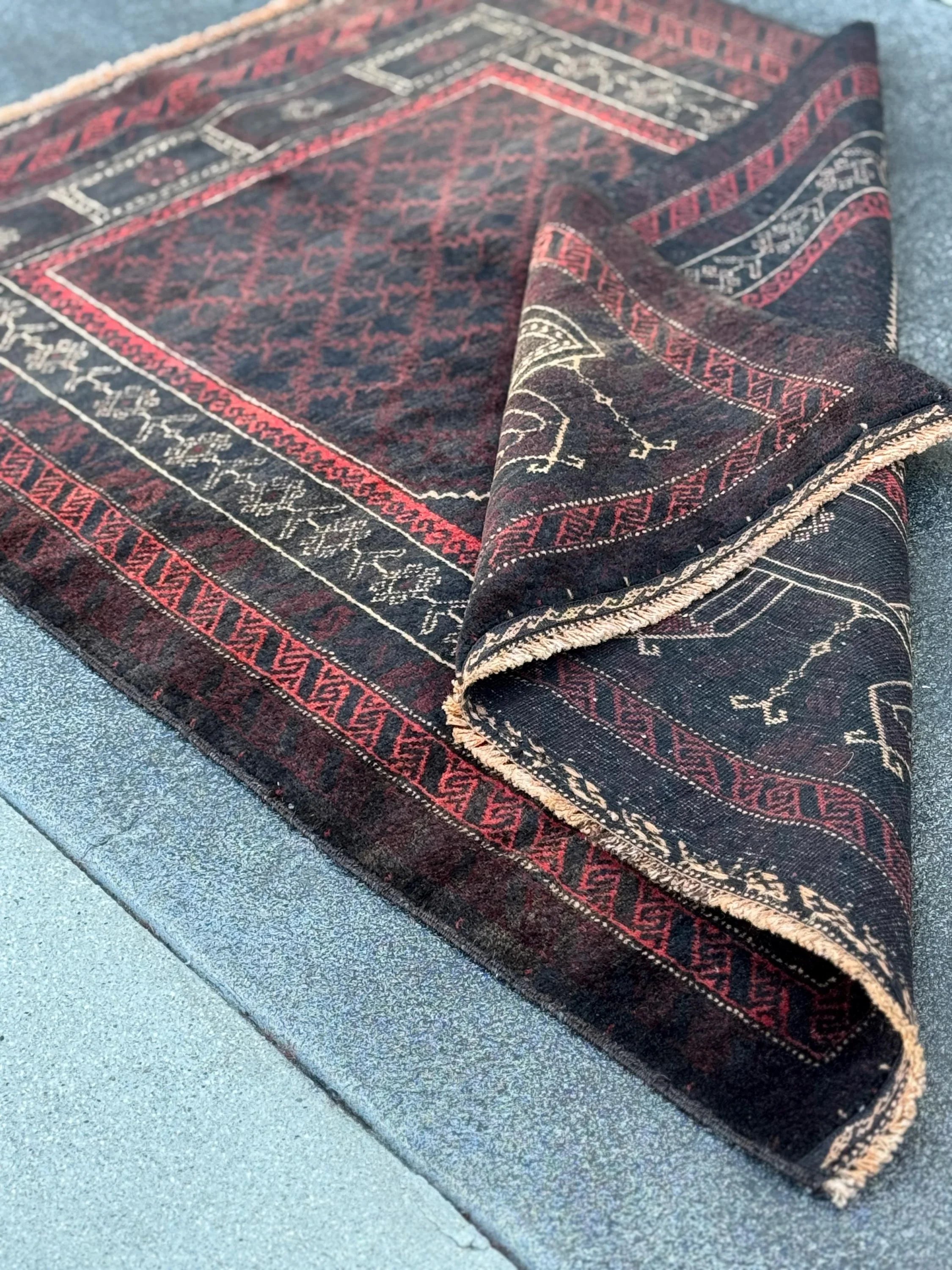 3x4 (91x121) Handmade Vintage Afghan Baluch Rug | Black Brick Red Cream Tan Beige Maroon Burgundy | Wool Geometric Persian Traditional