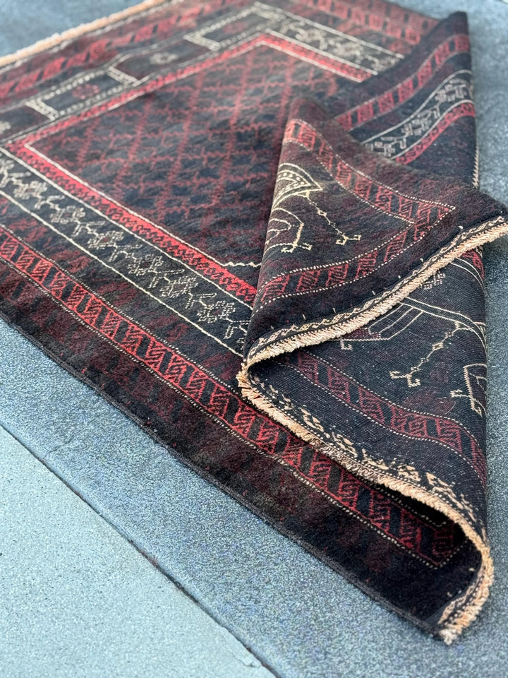 3x4 (91x121) Handmade Vintage Afghan Baluch Rug | Black Brick Red Cream Tan Beige Maroon Burgundy | Wool Geometric Persian Traditional