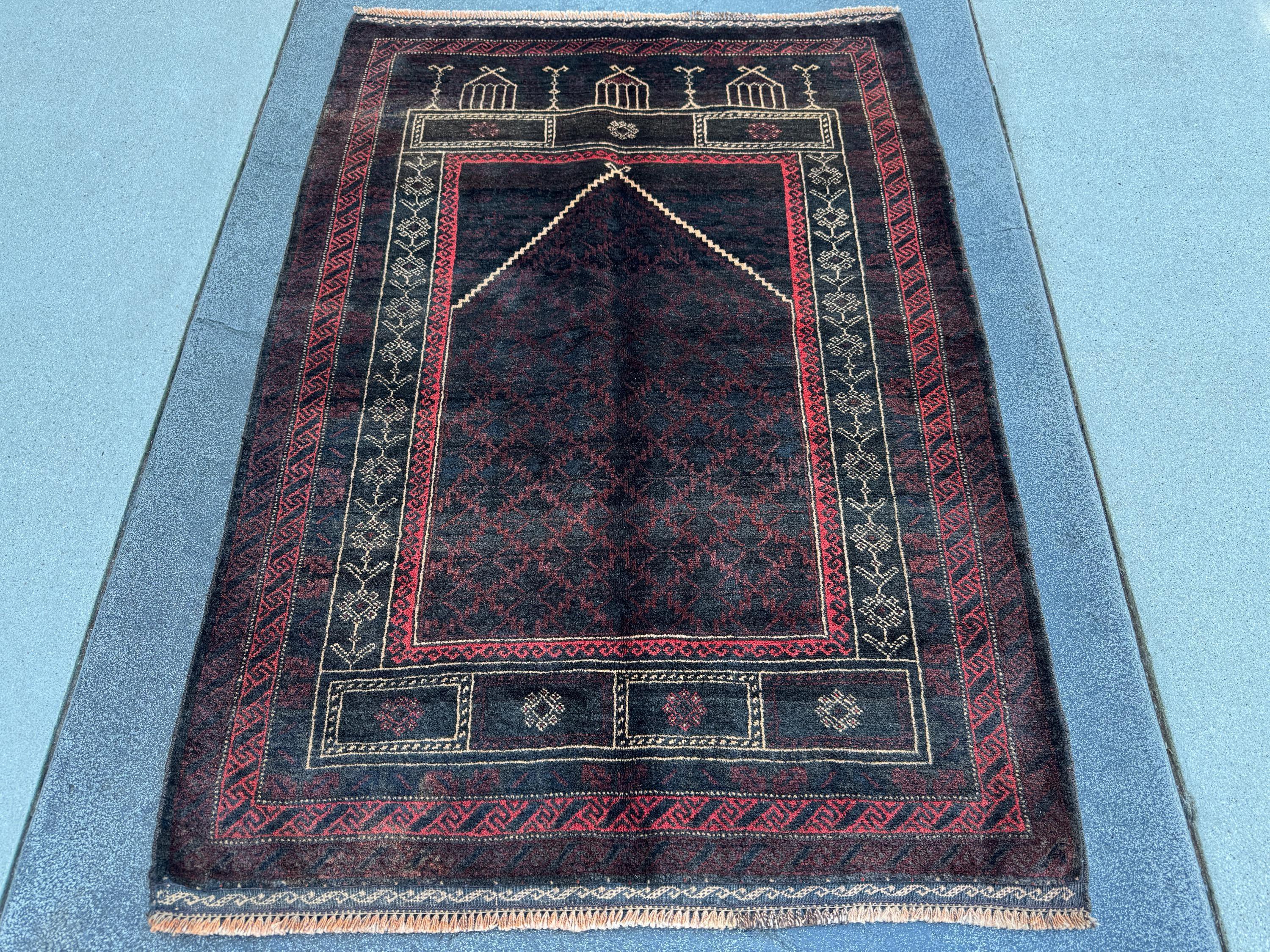 3x4 (91x121) Handmade Vintage Afghan Baluch Rug | Black Brick Red Cream Tan Beige Maroon Burgundy | Wool Geometric Persian Traditional