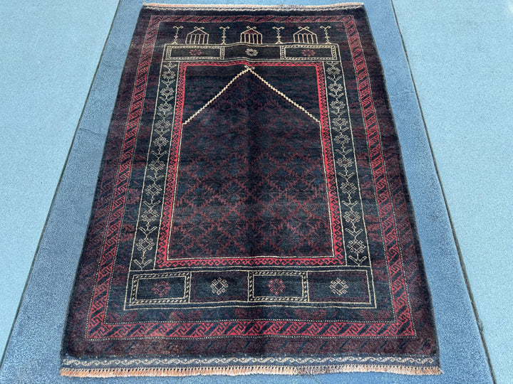 3x4 (91x121) Handmade Vintage Afghan Baluch Rug | Black Brick Red Cream Tan Beige Maroon Burgundy | Wool Geometric Persian Traditional