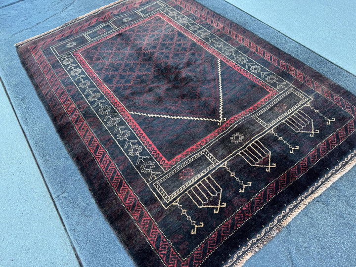 3x4 (91x121) Handmade Vintage Afghan Baluch Rug | Black Brick Red Cream Tan Beige Maroon Burgundy | Wool Geometric Persian Traditional