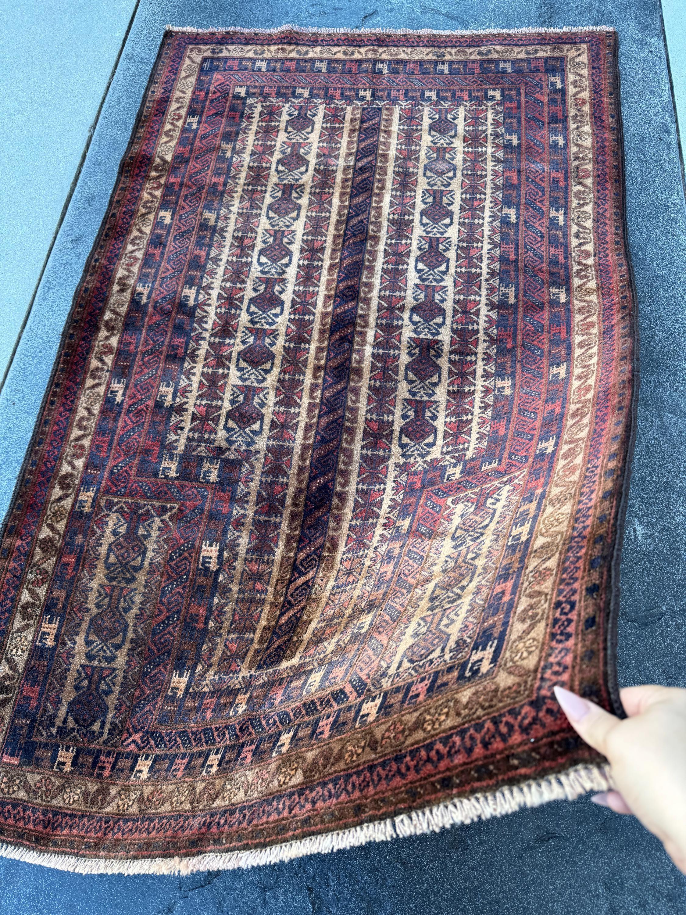 3x5-6 (91x152) Handmade Vintage Afghan Baluch Rug | Brick Red Caramel Sand Coffee Brown Beige Tan Cream | Wool Gabbeh Traditional Persian