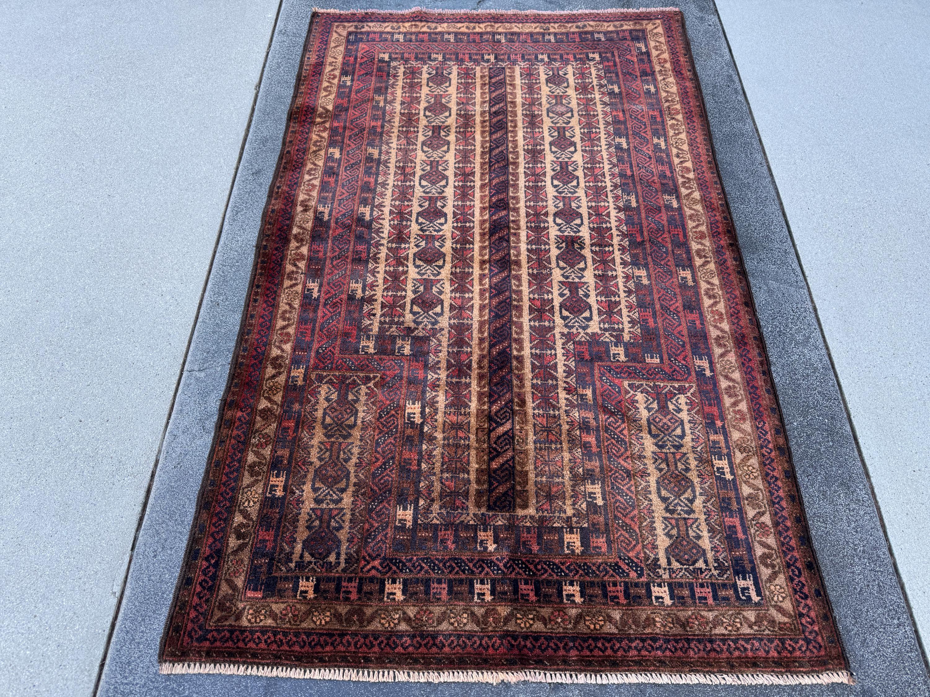 3x5-6 (91x152) Handmade Vintage Afghan Baluch Rug | Brick Red Caramel Sand Coffee Brown Beige Tan Cream | Wool Gabbeh Traditional Persian