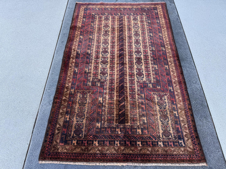 3x5-6 (91x152) Handmade Vintage Afghan Baluch Rug | Brick Red Caramel Sand Coffee Brown Beige Tan Cream | Wool Gabbeh Traditional Persian