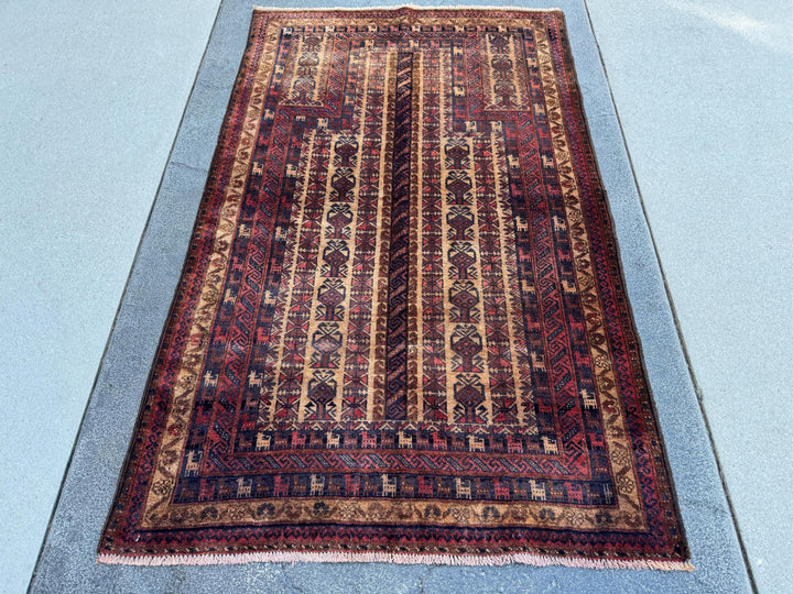 3x5-6 (91x152) Handmade Vintage Afghan Baluch Rug | Brick Red Caramel Sand Coffee Brown Beige Tan Cream | Wool Gabbeh Traditional Persian