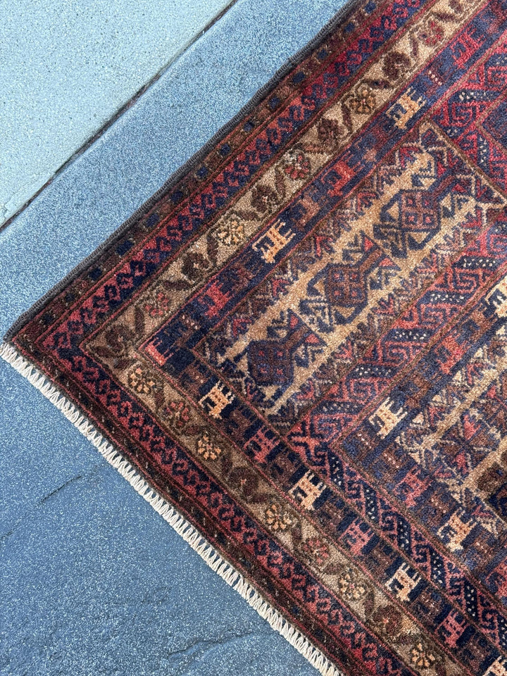 3x5-6 (91x152) Handmade Vintage Afghan Baluch Rug | Brick Red Caramel Sand Coffee Brown Beige Tan Cream | Wool Gabbeh Traditional Persian