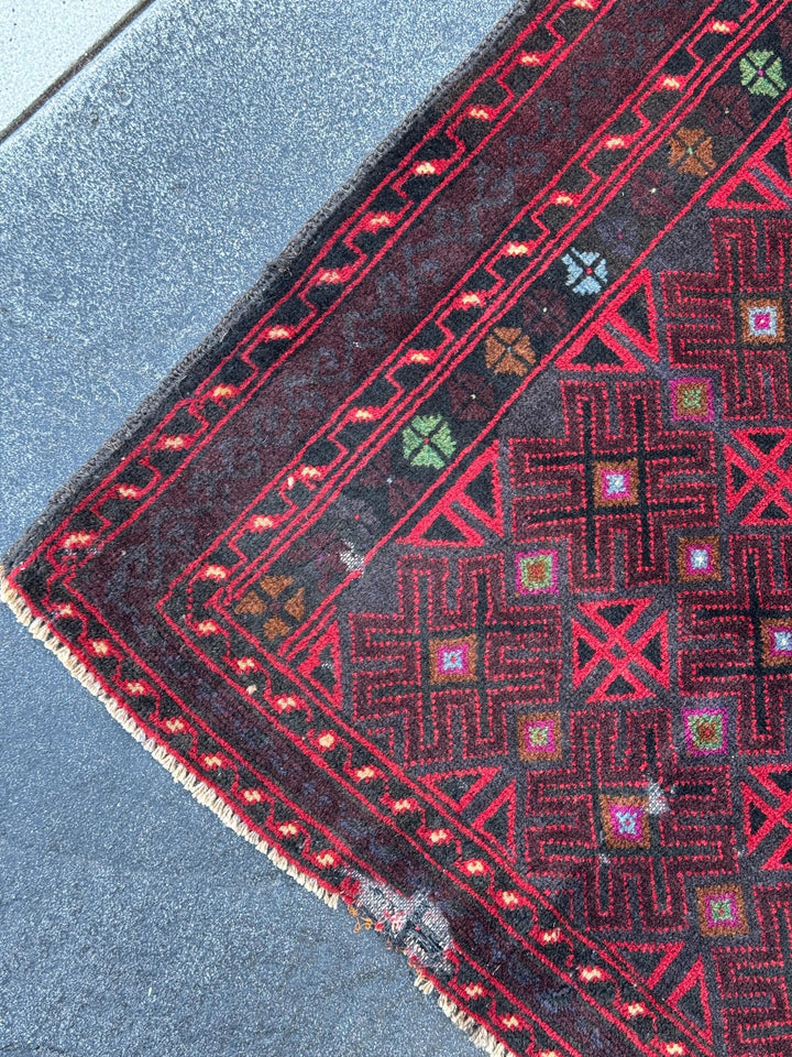 3x4 (91x121) Handmade Vintage Afghan Baluch Rug | Burgundy Wine Crimson Red Mint Green Powder Blue Grey Black Rust Fuchsia Pink White | Wool