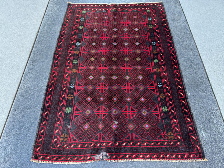 3x4 (91x121) Handmade Vintage Afghan Baluch Rug | Burgundy Wine Crimson Red Mint Green Powder Blue Grey Black Rust Fuchsia Pink White | Wool