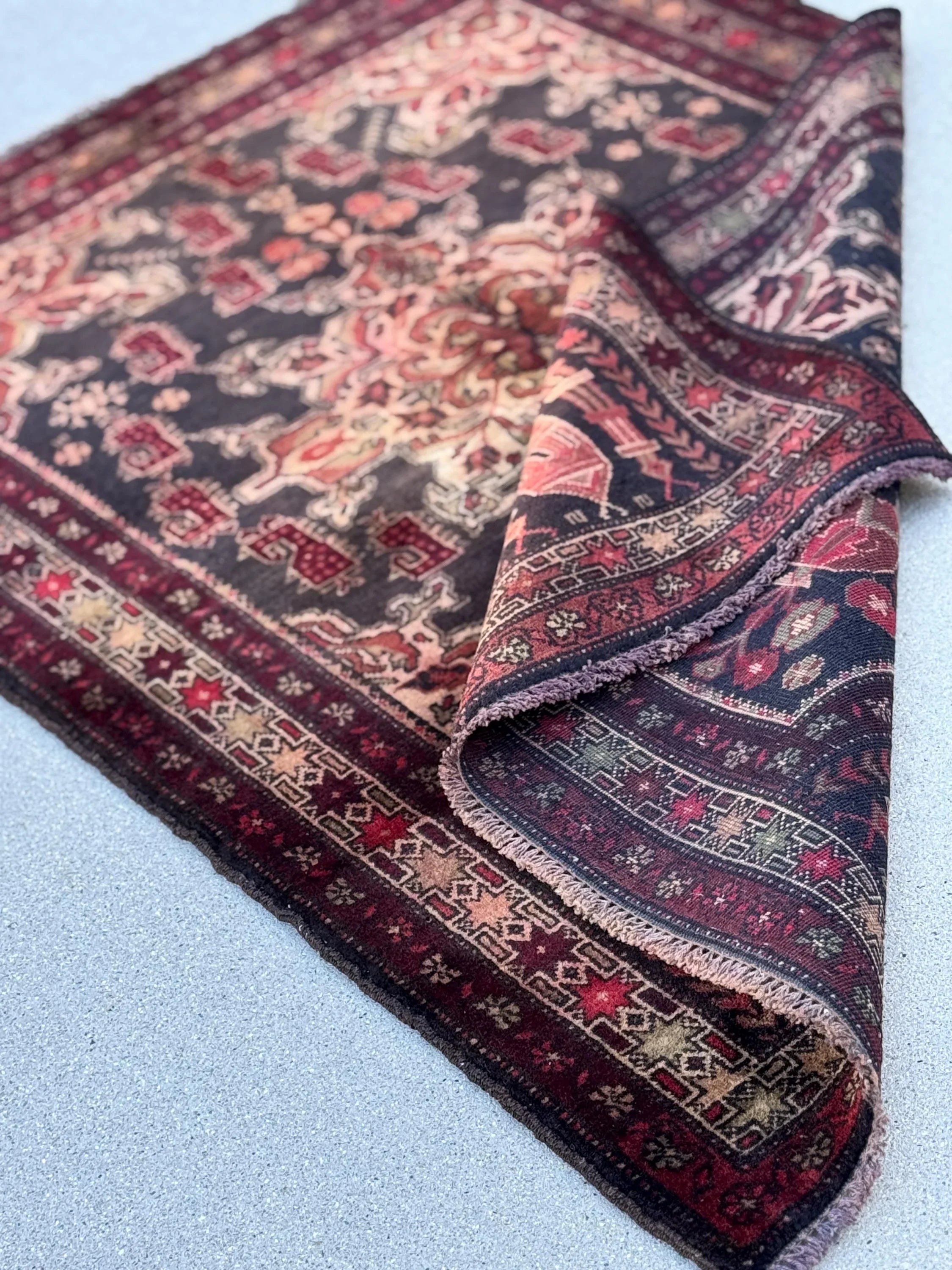 3x4 (91x121) Handmade Vintage Afghan Baluch Rug | Wine Burgundy Crimson Red Sand Cream Tan Gold Brown Moss Green | Wool Traditional