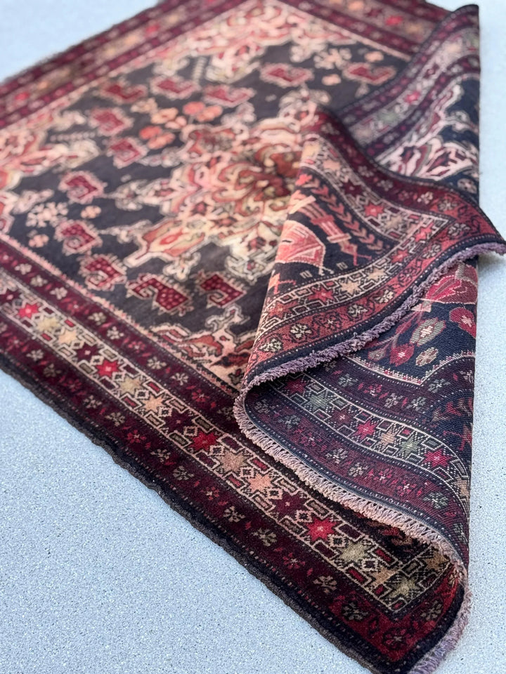 3x4 (91x121) Handmade Vintage Afghan Baluch Rug | Wine Burgundy Crimson Red Sand Cream Tan Gold Brown Moss Green | Wool Traditional