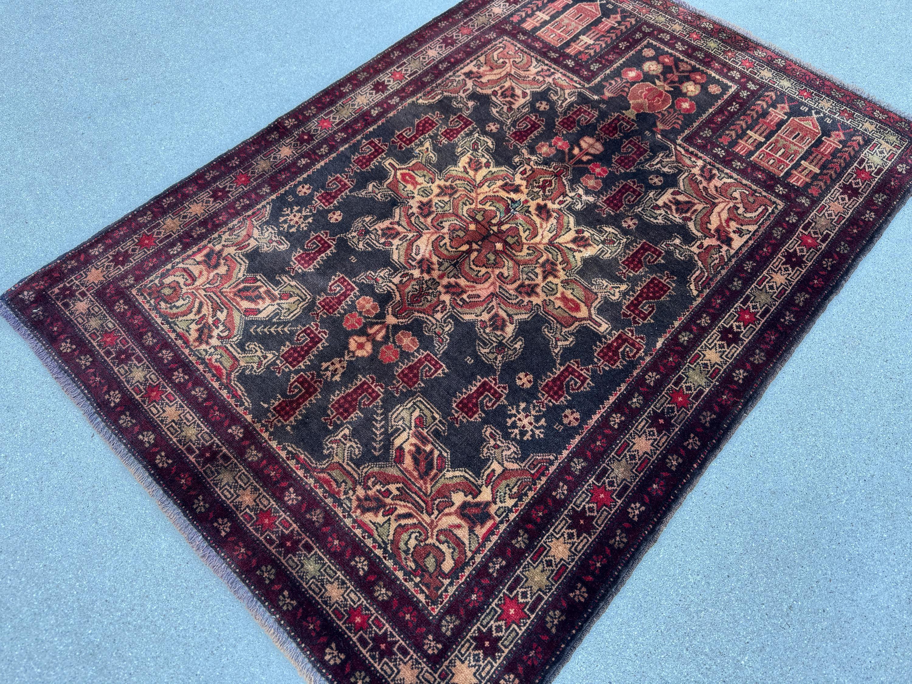 3x4 (91x121) Handmade Vintage Afghan Baluch Rug | Wine Burgundy Crimson Red Sand Cream Tan Gold Brown Moss Green | Wool Traditional