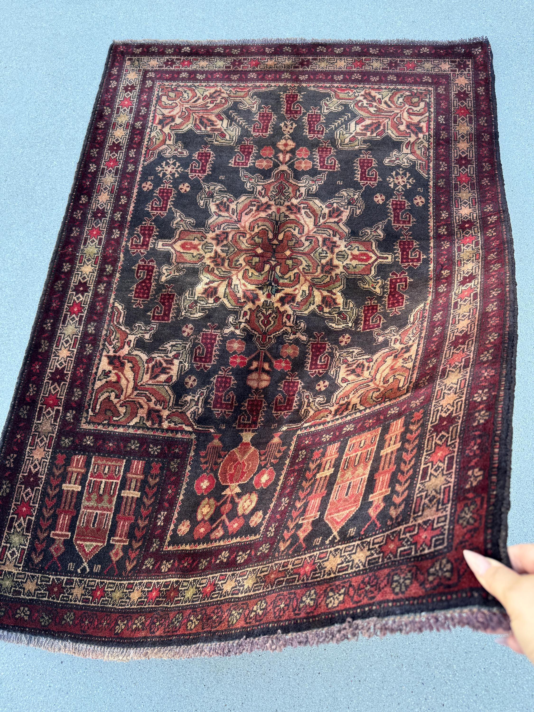 3x4 (91x121) Handmade Vintage Afghan Baluch Rug | Wine Burgundy Crimson Red Sand Cream Tan Gold Brown Moss Green | Wool Traditional