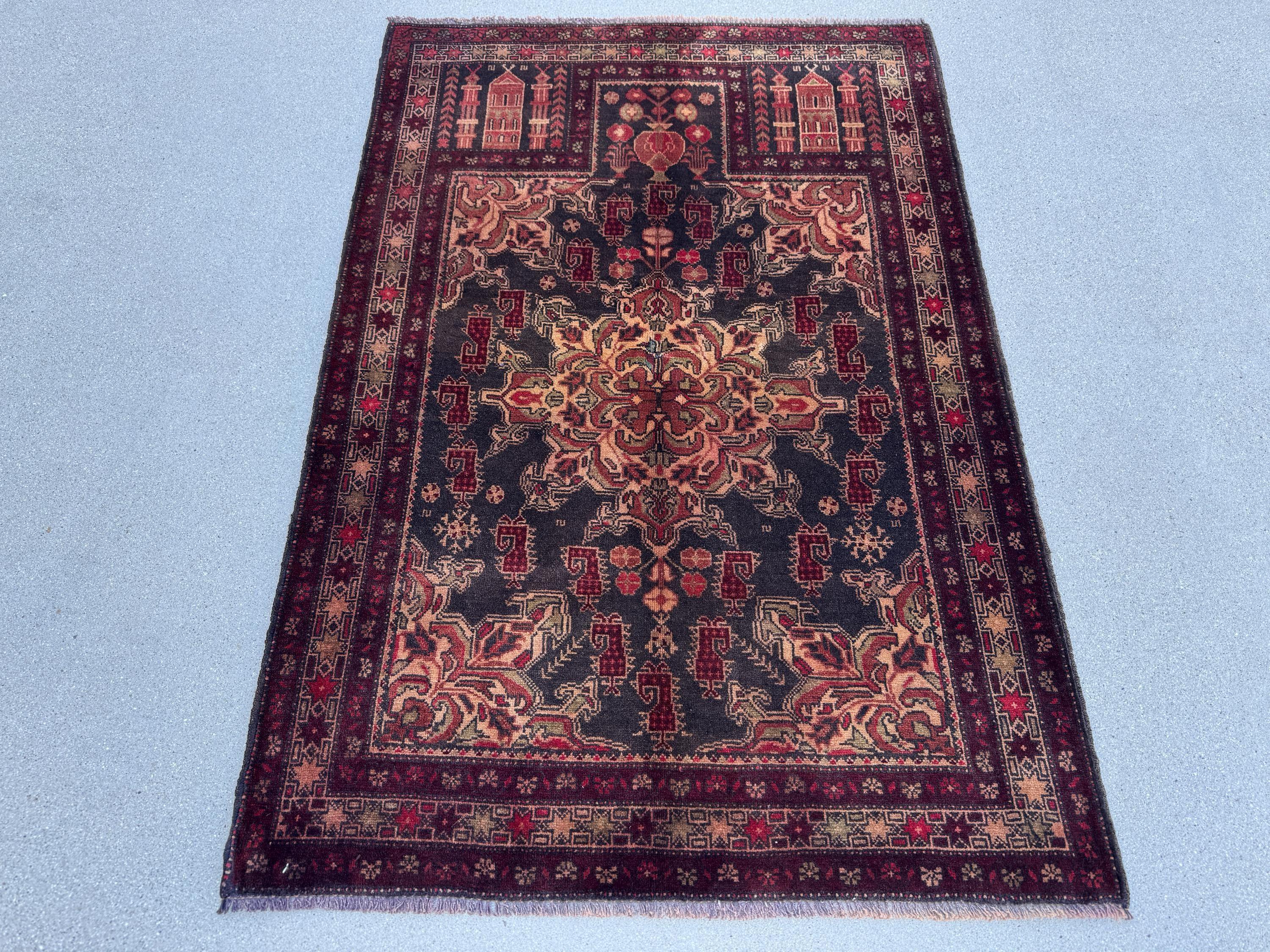 3x4 (91x121) Handmade Vintage Afghan Baluch Rug | Wine Burgundy Crimson Red Sand Cream Tan Gold Brown Moss Green | Wool Traditional