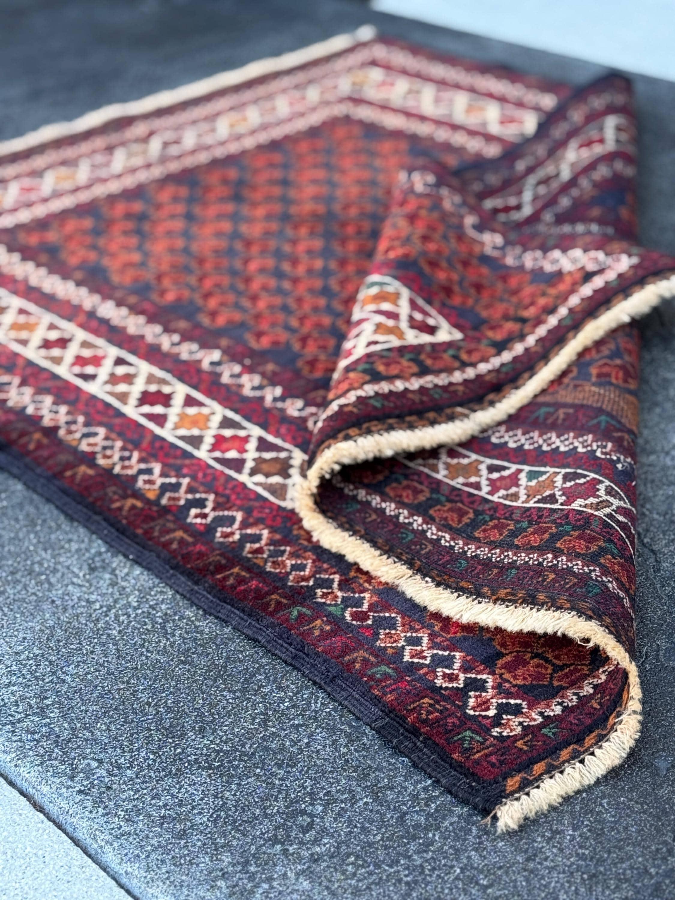 3x4 (91x121) Handmade Vintage Afghan Baluch Rug | Wine Burgundy Blood Auburn Red Gold Saffron Rust Orange Midnight Blue Brown White | Wool