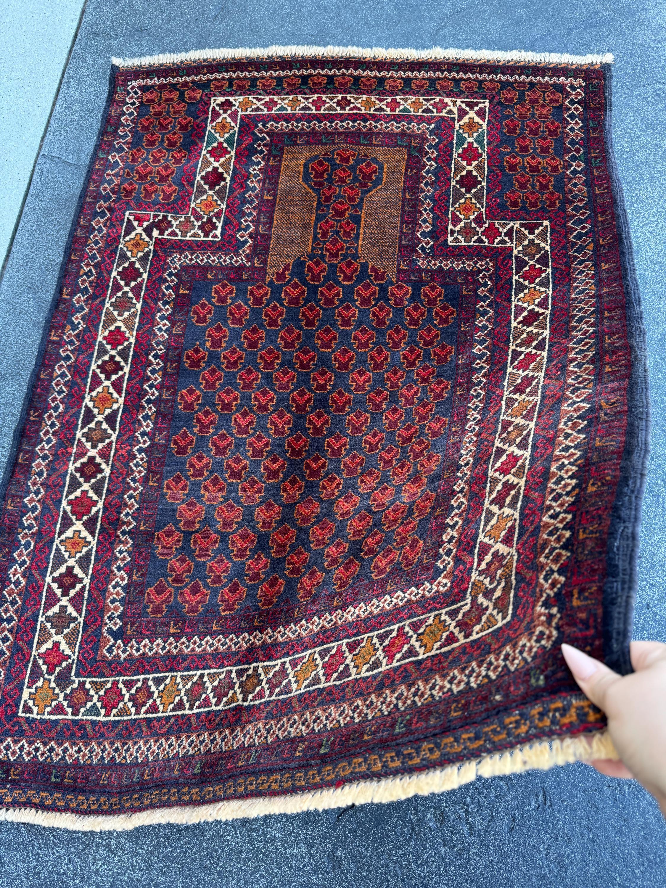 3x4 (91x121) Handmade Vintage Afghan Baluch Rug | Wine Burgundy Blood Auburn Red Gold Saffron Rust Orange Midnight Blue Brown White | Wool