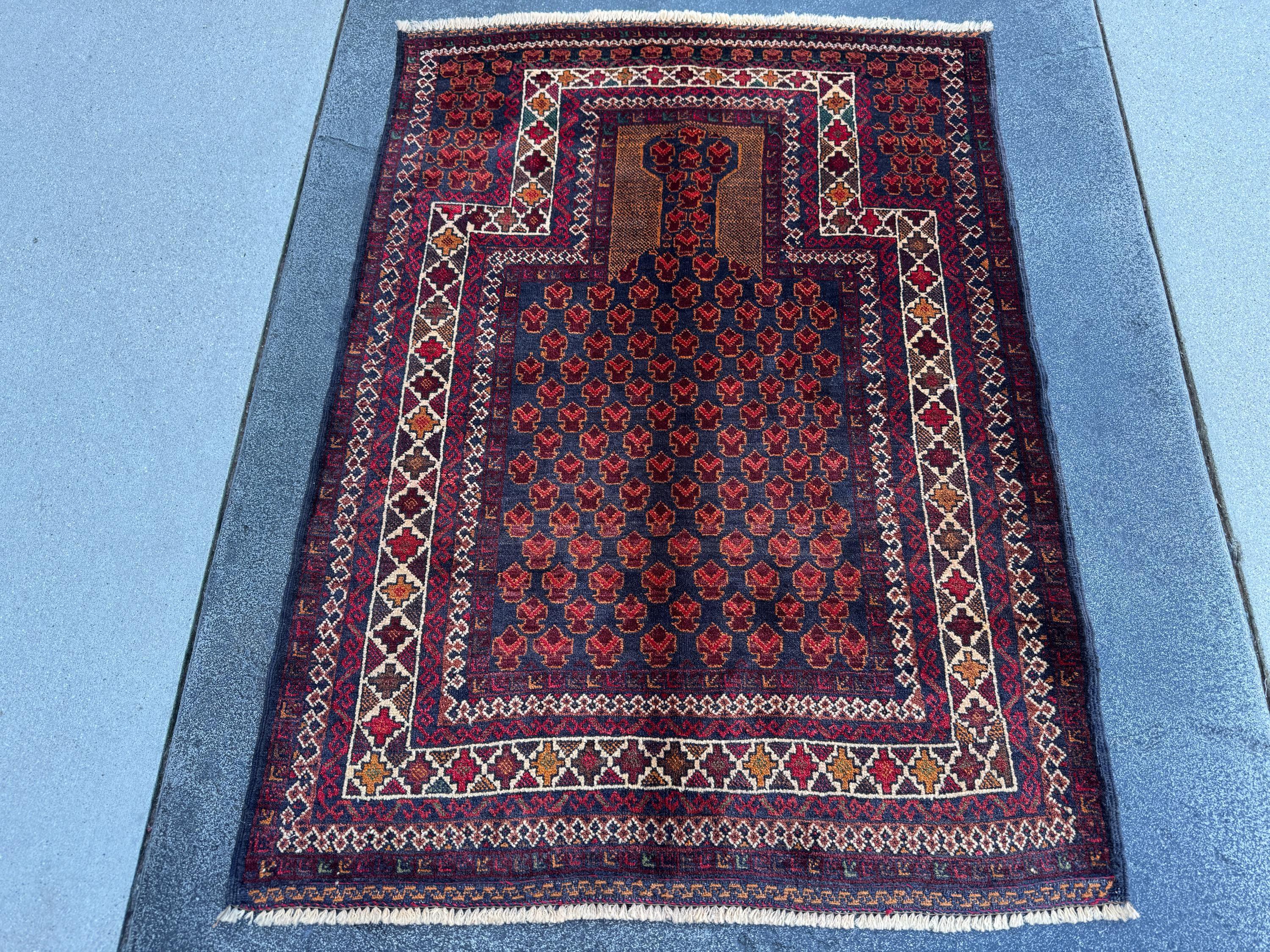 3x4 (91x121) Handmade Vintage Afghan Baluch Rug | Wine Burgundy Blood Auburn Red Gold Saffron Rust Orange Midnight Blue Brown White | Wool