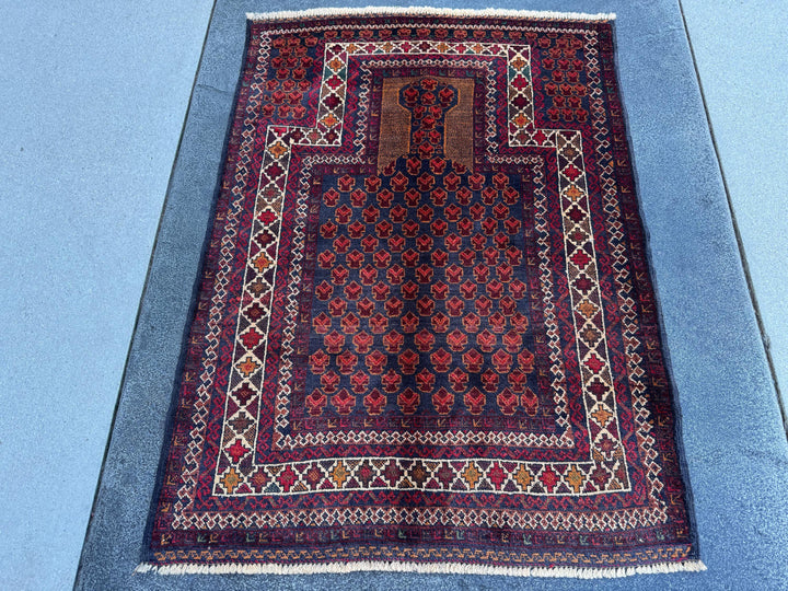3x4 (91x121) Handmade Vintage Afghan Baluch Rug | Wine Burgundy Blood Auburn Red Gold Saffron Rust Orange Midnight Blue Brown White | Wool