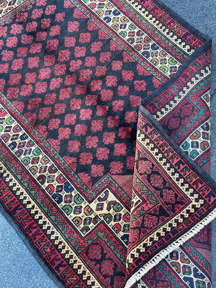 3x5 (91x152) Handmade Vintage Afghan Baluch Rug | Blood Brick Garnet Red Cream Sand Brown Forest Green Black Midnight Blue Wool Traditional