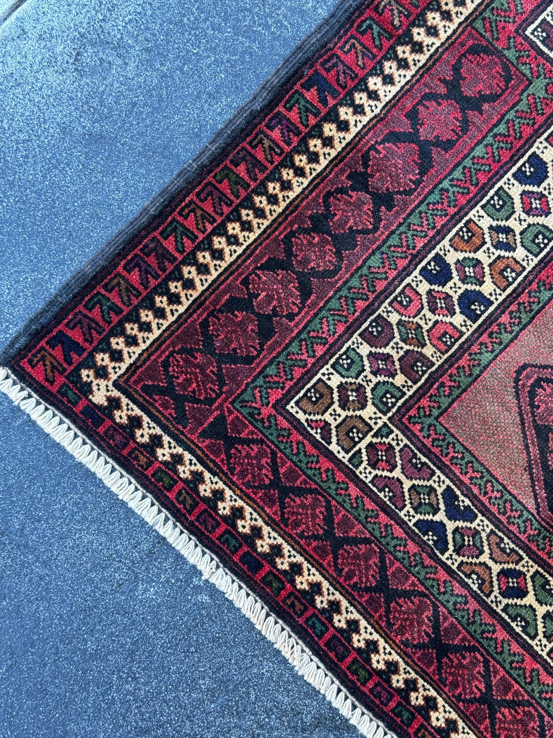 3x5 (91x152) Handmade Vintage Afghan Baluch Rug | Blood Brick Garnet Red Cream Sand Brown Forest Green Black Midnight Blue Wool Traditional