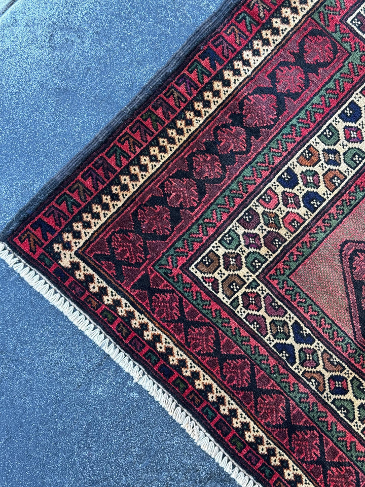3x5 (91x152) Handmade Vintage Afghan Baluch Rug | Blood Brick Garnet Red Cream Sand Brown Forest Green Black Midnight Blue Wool Traditional