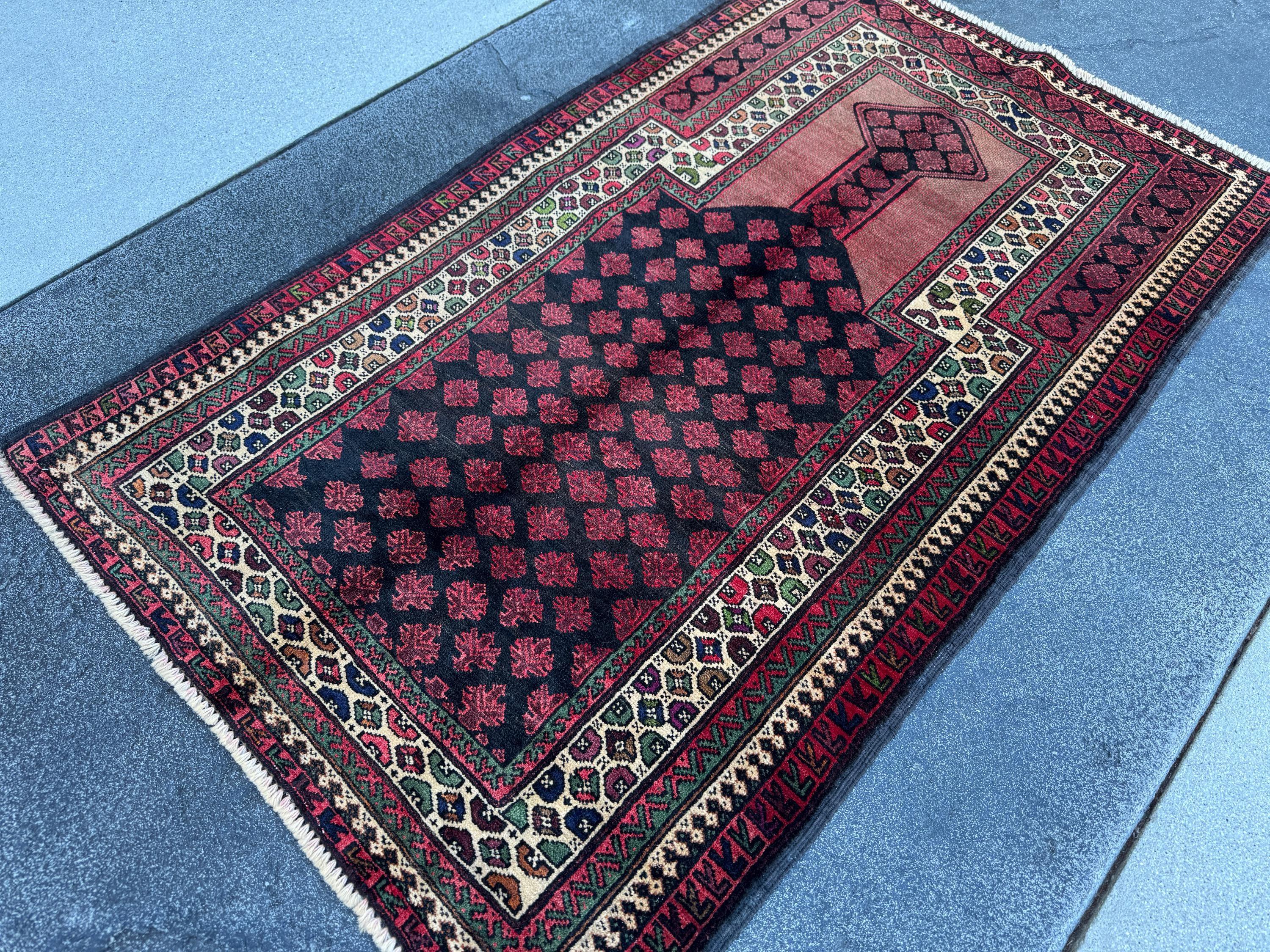 3x5 (91x152) Handmade Vintage Afghan Baluch Rug | Blood Brick Garnet Red Cream Sand Brown Forest Green Black Midnight Blue Wool Traditional