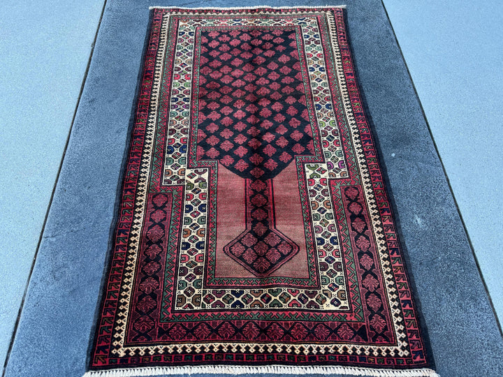 3x5 (91x152) Handmade Vintage Afghan Baluch Rug | Blood Brick Garnet Red Cream Sand Brown Forest Green Black Midnight Blue Wool Traditional