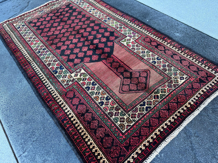 3x5 (91x152) Handmade Vintage Afghan Baluch Rug | Blood Brick Garnet Red Cream Sand Brown Forest Green Black Midnight Blue Wool Traditional