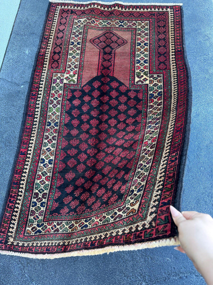 3x5 (91x152) Handmade Vintage Afghan Baluch Rug | Blood Brick Garnet Red Cream Sand Brown Forest Green Black Midnight Blue Wool Traditional