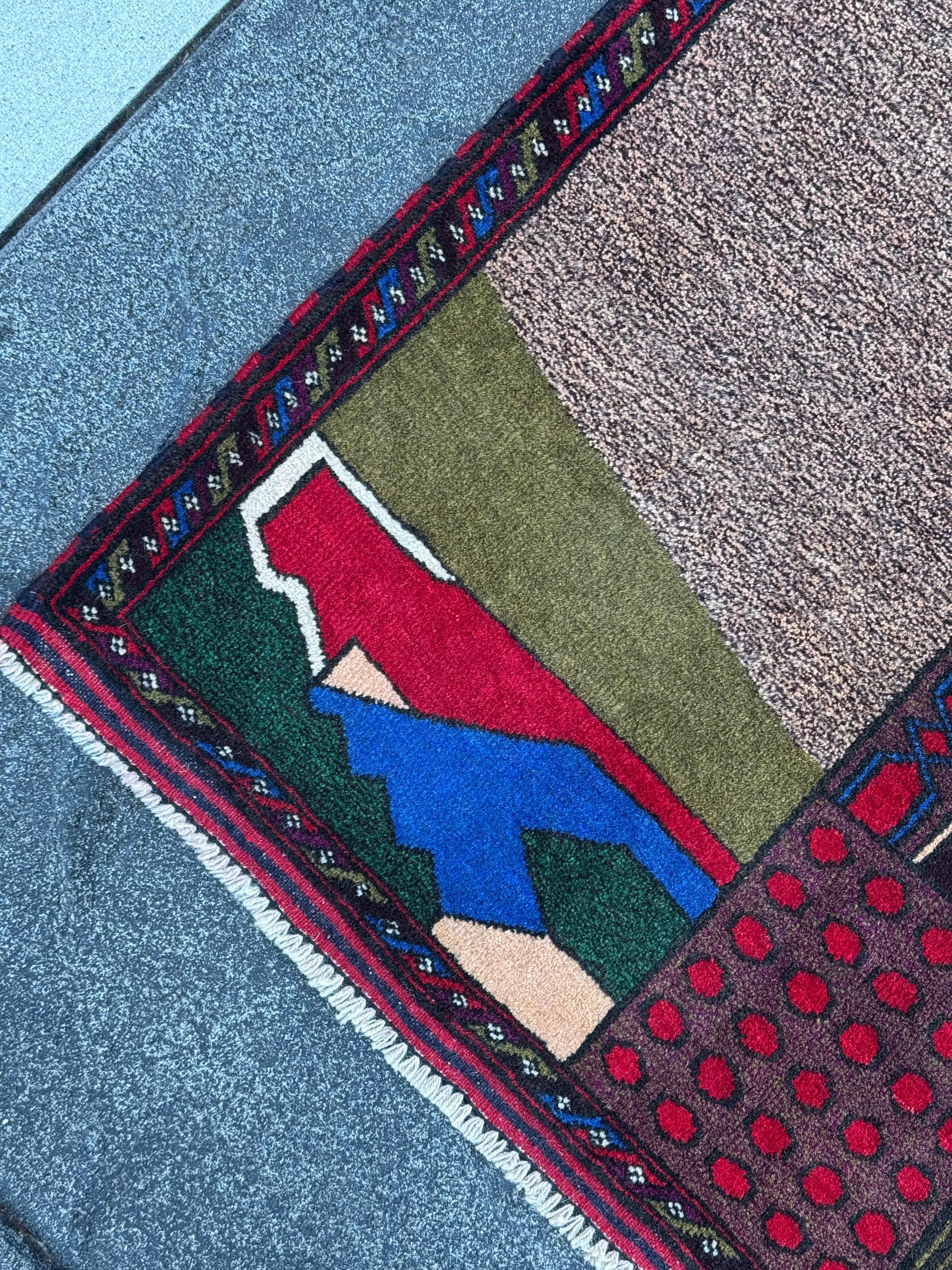 3x4-5 (91x152) Handmade Vintage Afghan Baluch Rug | Blue Royal Denim Taupe Grey Crimson Blood Red Cream Sand White Forest Olive Moss Green