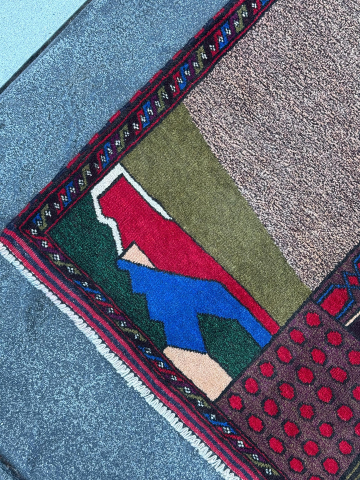 3x4-5 (91x152) Handmade Vintage Afghan Baluch Rug | Blue Royal Denim Taupe Grey Crimson Blood Red Cream Sand White Forest Olive Moss Green