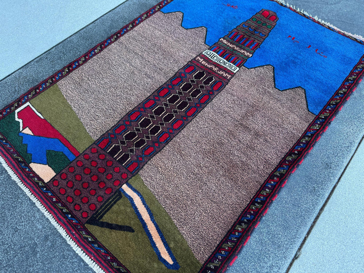 3x4-5 (91x152) Handmade Vintage Afghan Baluch Rug | Blue Royal Denim Taupe Grey Crimson Blood Red Cream Sand White Forest Olive Moss Green