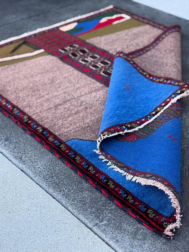 3x4-5 (91x152) Handmade Vintage Afghan Baluch Rug | Blue Royal Denim Taupe Grey Crimson Blood Red Cream Sand White Forest Olive Moss Green