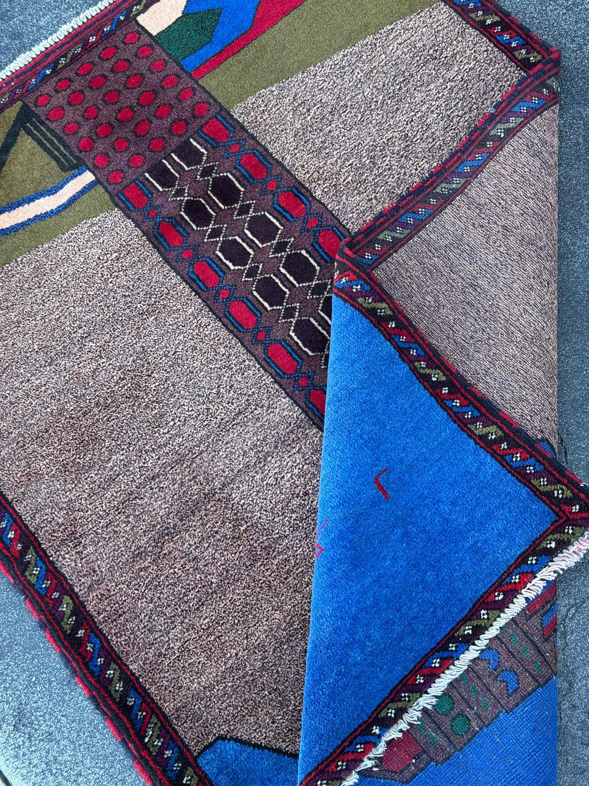 3x4-5 (91x152) Handmade Vintage Afghan Baluch Rug | Blue Royal Denim Taupe Grey Crimson Blood Red Cream Sand White Forest Olive Moss Green