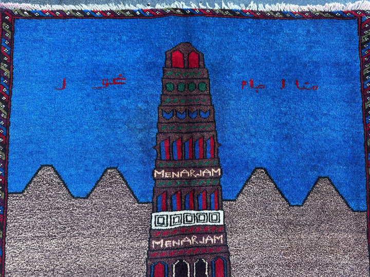 3x4-5 (91x152) Handmade Vintage Afghan Baluch Rug | Blue Royal Denim Taupe Grey Crimson Blood Red Cream Sand White Forest Olive Moss Green