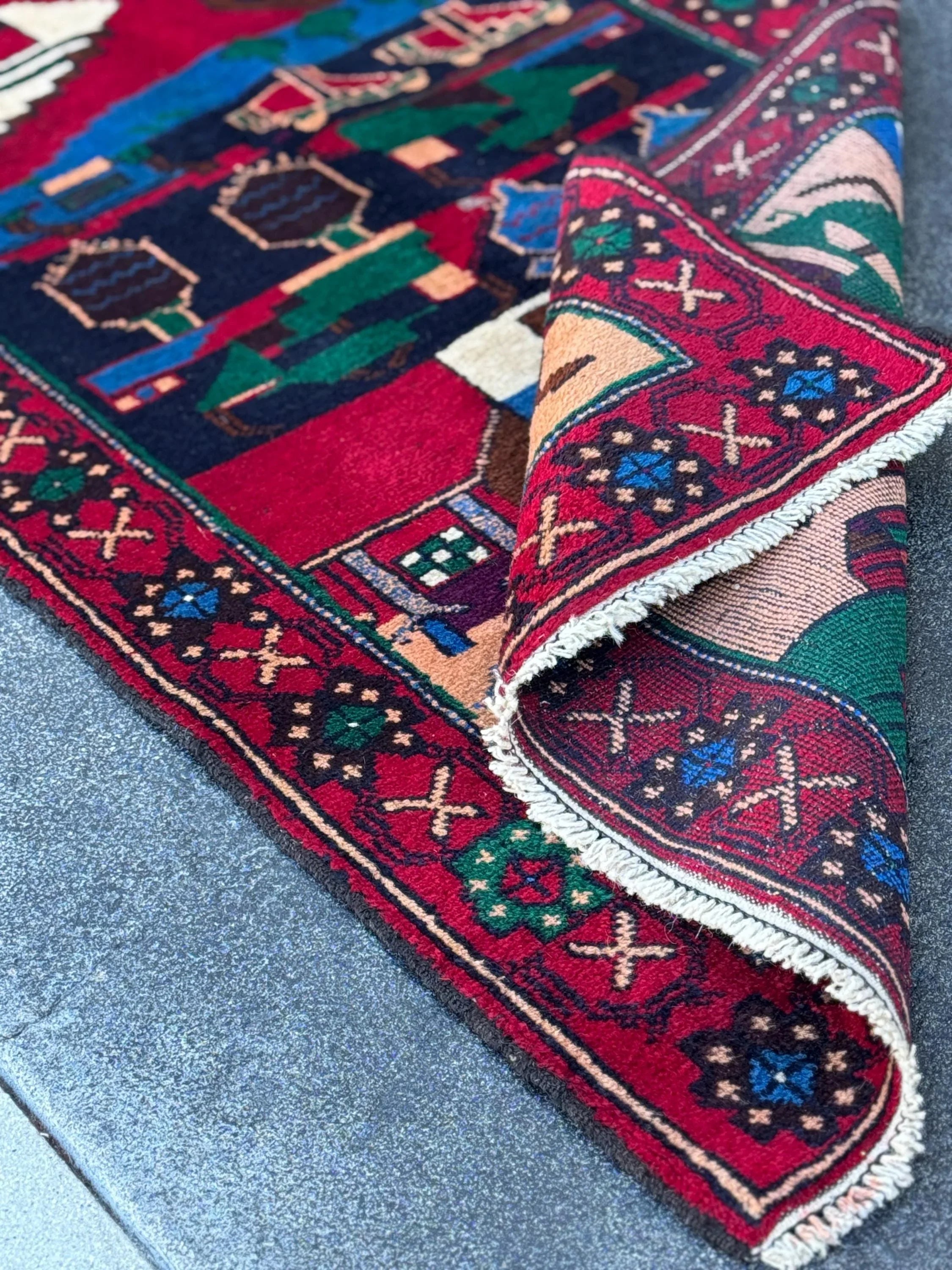 3x5 (91x152) Handmade Vintage Afghan Baluch Rug | Blood Red Eggplant Purple Denim Blud Peach Orange Fuchsia Pink Forest Green Cream White