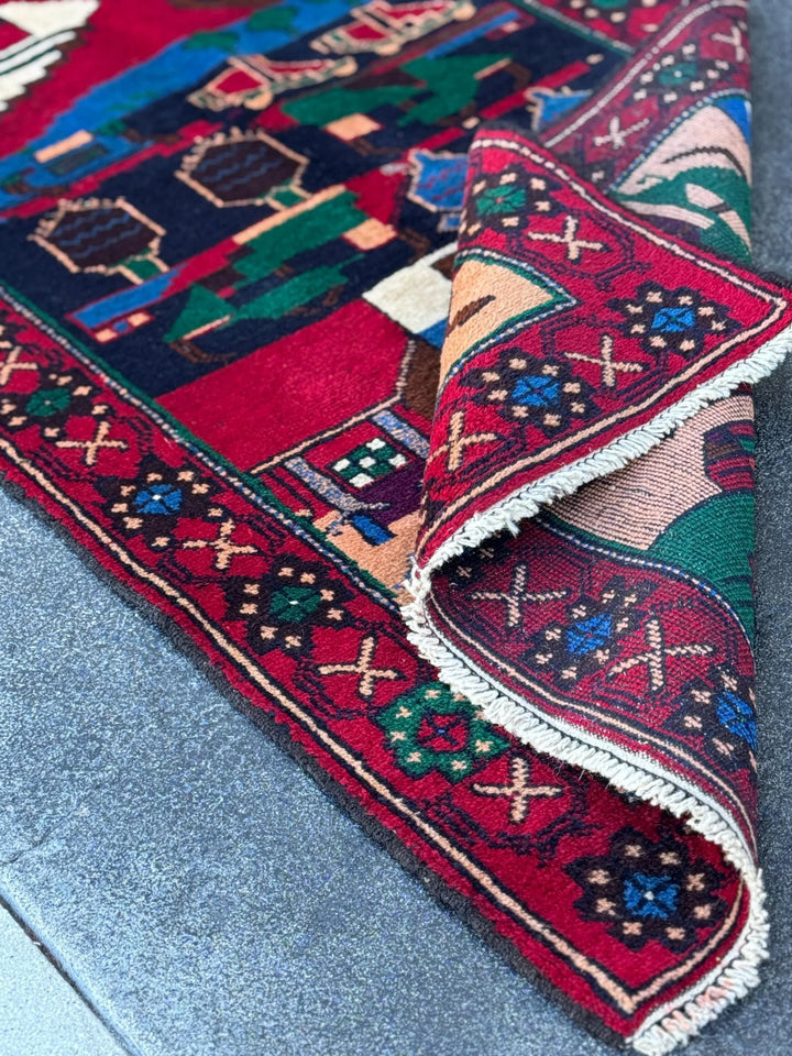 3x5 (91x152) Handmade Vintage Afghan Baluch Rug | Blood Red Eggplant Purple Denim Blud Peach Orange Fuchsia Pink Forest Green Cream White