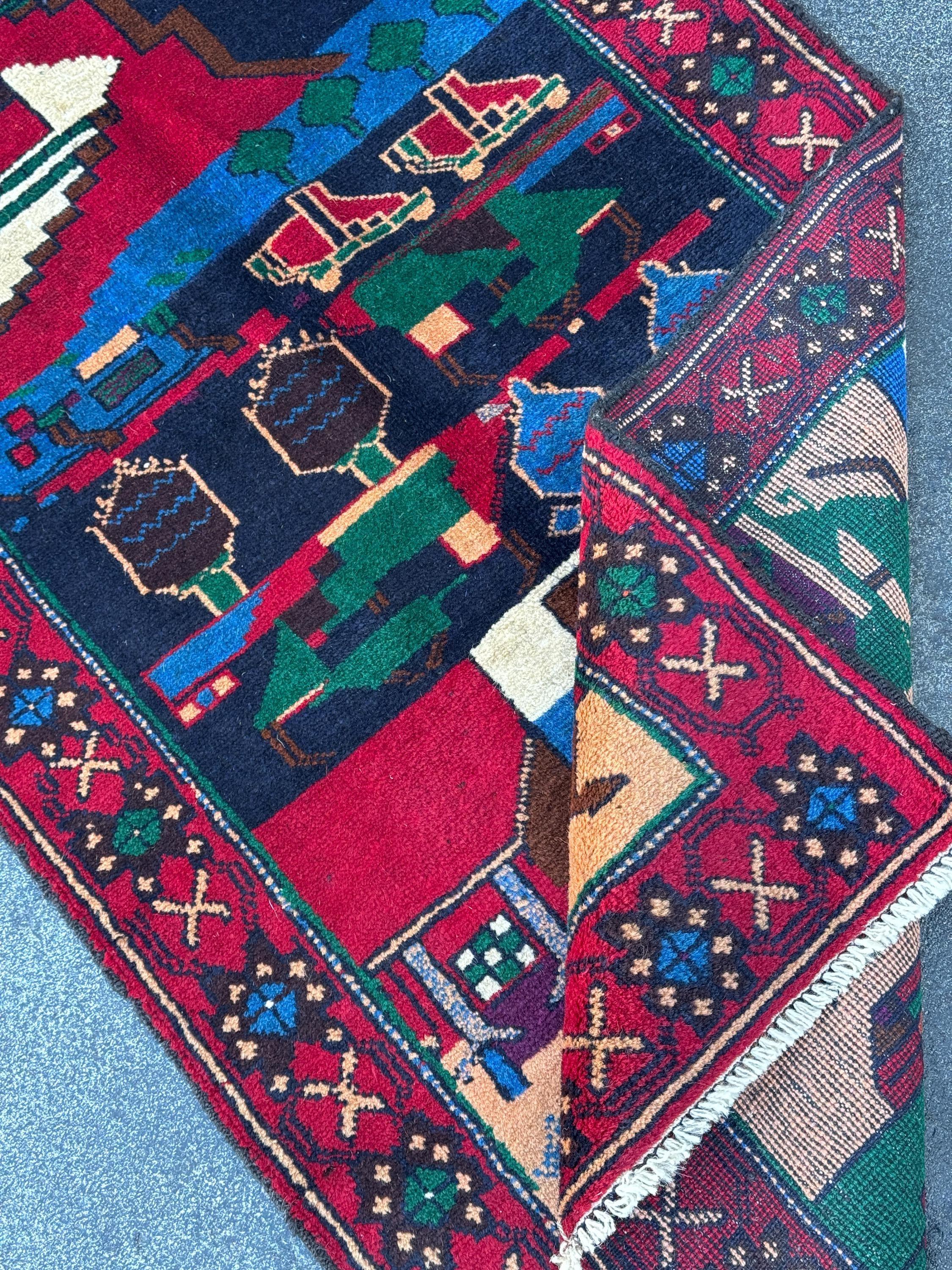 3x5 (91x152) Handmade Vintage Afghan Baluch Rug | Blood Red Eggplant Purple Denim Blud Peach Orange Fuchsia Pink Forest Green Cream White