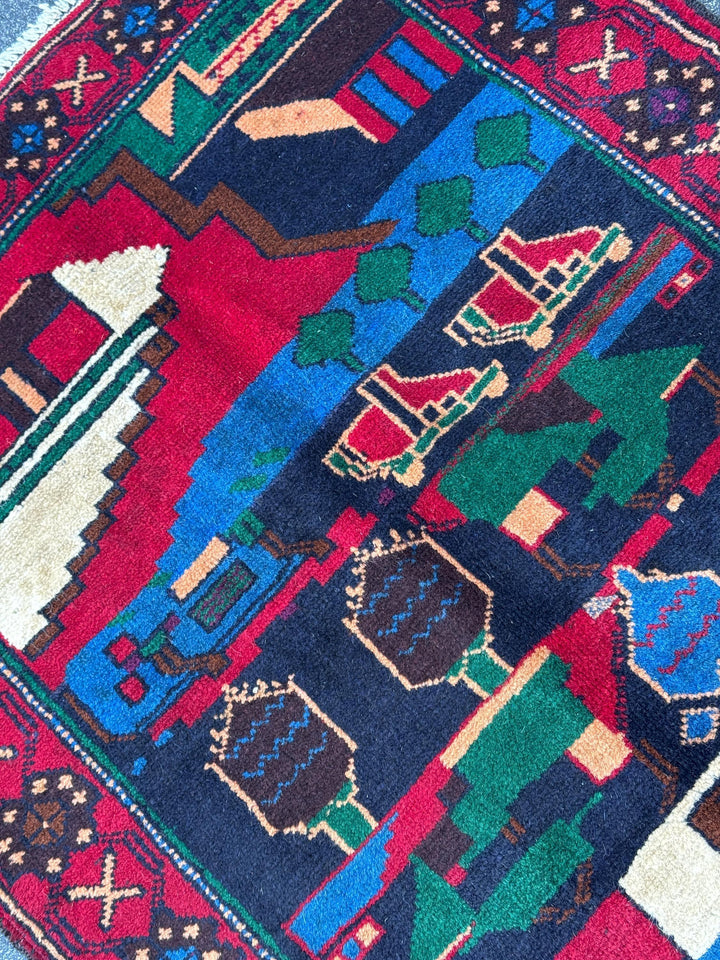 3x5 (91x152) Handmade Vintage Afghan Baluch Rug | Blood Red Eggplant Purple Denim Blud Peach Orange Fuchsia Pink Forest Green Cream White