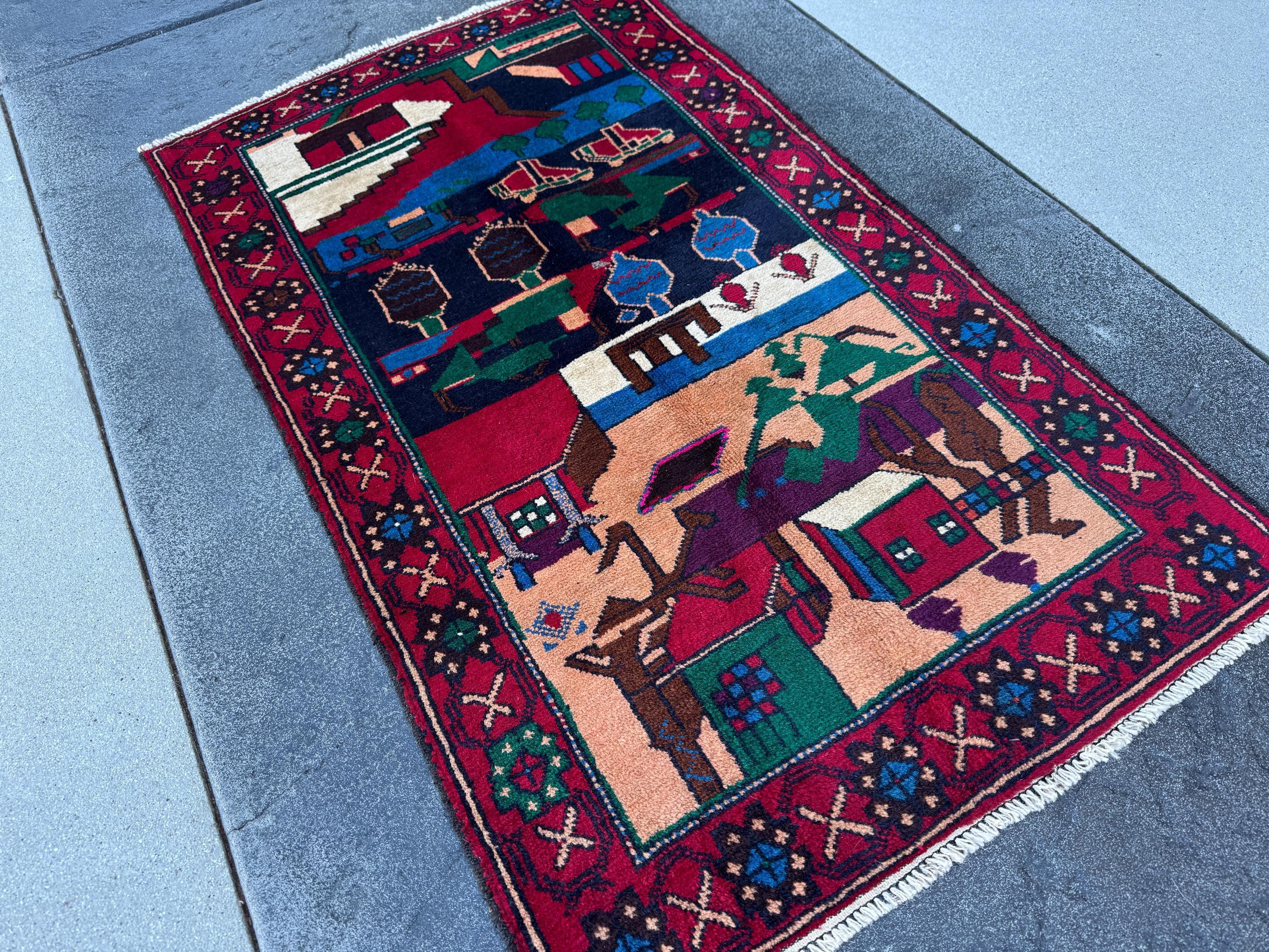 3x5 (91x152) Handmade Vintage Afghan Baluch Rug | Blood Red Eggplant Purple Denim Blud Peach Orange Fuchsia Pink Forest Green Cream White
