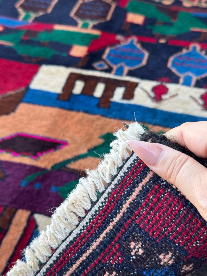 3x5 (91x152) Handmade Vintage Afghan Baluch Rug | Blood Red Eggplant Purple Denim Blud Peach Orange Fuchsia Pink Forest Green Cream White