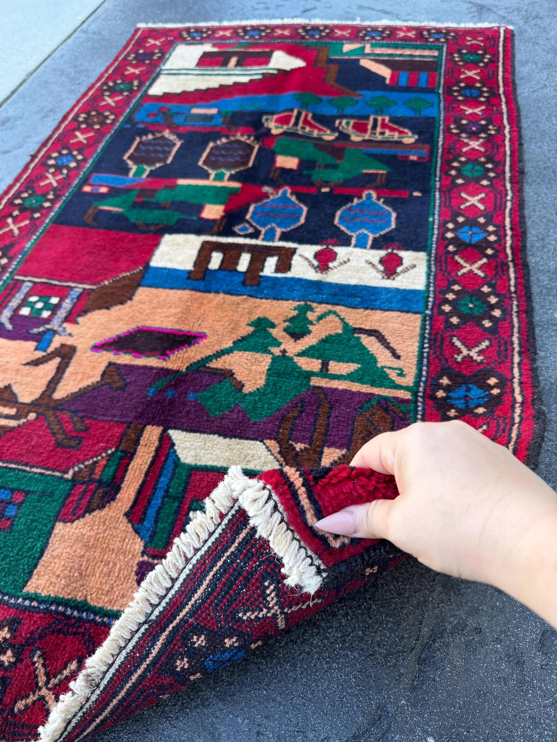 3x5 (91x152) Handmade Vintage Afghan Baluch Rug | Blood Red Eggplant Purple Denim Blud Peach Orange Fuchsia Pink Forest Green Cream White